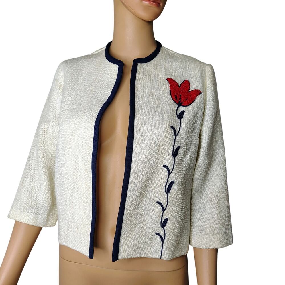 60s Ira Rentner Cropped Cream Bouclé Fabric Bolo Jacket Coquette Cottage Core 11